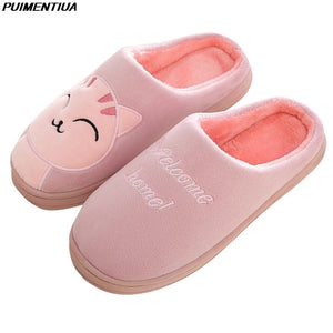 Women House Slippers Cartoon Cat Cute Shoes Non-Slip Soft Winter Warm Indoor Bedroom Home Slides Lovers Couples Floor Shoes