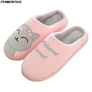 Women House Slippers Cartoon Cat Cute Shoes Non-Slip Soft Winter Warm Indoor Bedroom Home Slides Lovers Couples Floor Shoes