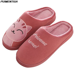 Women House Slippers Cartoon Cat Cute Shoes Non-Slip Soft Winter Warm Indoor Bedroom Home Slides Lovers Couples Floor Shoes