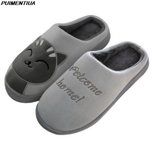 Women House Slippers Cartoon Cat Cute Shoes Non-Slip Soft Winter Warm Indoor Bedroom Home Slides Lovers Couples Floor Shoes