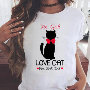 Fashion Women Cartoon Cat Love Pet Lovely Style Shirt Print T-shirts Stylish Short Sleeve Graphic T Top Female Tee T-Shirt