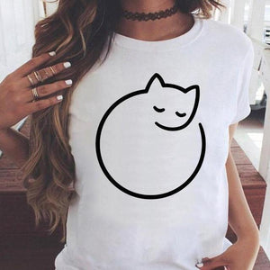 Fashion Women Cartoon Cat Love Pet Lovely Style Shirt Print T-shirts Stylish Short Sleeve Graphic T Top Female Tee T-Shirt