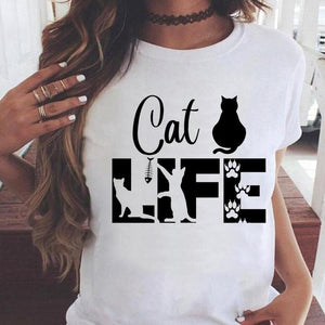 Fashion Women Cartoon Cat Love Pet Lovely Style Shirt Print T-shirts Stylish Short Sleeve Graphic T Top Female Tee T-Shirt