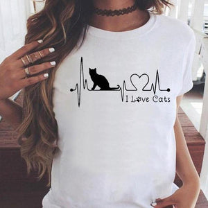 Fashion Women Cartoon Cat Love Pet Lovely Style Shirt Print T-shirts Stylish Short Sleeve Graphic T Top Female Tee T-Shirt