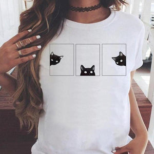 Fashion Women Cartoon Cat Love Pet Lovely Style Shirt Print T-shirts Stylish Short Sleeve Graphic T Top Female Tee T-Shirt