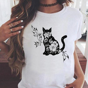 Fashion Women Cartoon Cat Love Pet Lovely Style Shirt Print T-shirts Stylish Short Sleeve Graphic T Top Female Tee T-Shirt