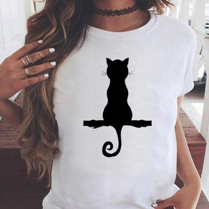 Fashion Women Cartoon Cat Love Pet Lovely Style Shirt Print T-shirts Stylish Short Sleeve Graphic T Top Female Tee T-Shirt