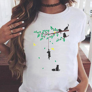 Fashion Women Cartoon Cat Love Pet Lovely Style Shirt Print T-shirts Stylish Short Sleeve Graphic T Top Female Tee T-Shirt