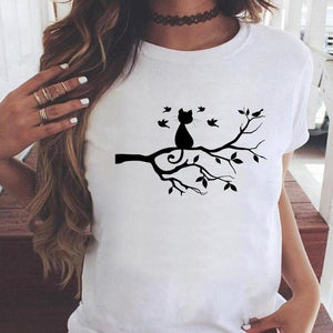 Fashion Women Cartoon Cat Love Pet Lovely Style Shirt Print T-shirts Stylish Short Sleeve Graphic T Top Female Tee T-Shirt