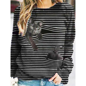 Cute Cartoon Cat O-Neck Striped Long Sleeve T shirt New 2021 Spring Tops Shirts Loose Casual Streetwear Female Tshirts