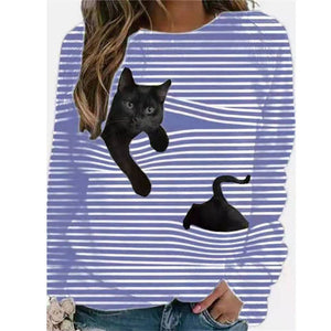 Cute Cartoon Cat O-Neck Striped Long Sleeve T shirt New 2021 Spring Tops Shirts Loose Casual Streetwear Female Tshirts