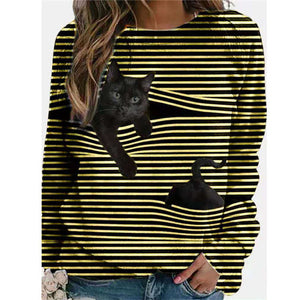 Cute Cartoon Cat O-Neck Striped Long Sleeve T shirt New 2021 Spring Tops Shirts Loose Casual Streetwear Female Tshirts