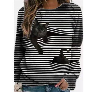 Cute Cartoon Cat O-Neck Striped Long Sleeve T shirt New 2021 Spring Tops Shirts Loose Casual Streetwear Female Tshirts