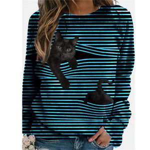 Cute Cartoon Cat O-Neck Striped Long Sleeve T shirt New 2021 Spring Tops Shirts Loose Casual Streetwear Female Tshirts