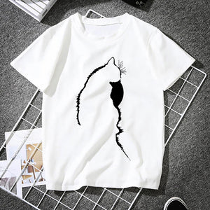Femme T-shirts Tops Kawaii Cute Cat Silhouette Printing Aesthetic Graphic T Shirts Summer Clothes for Women Harajuku Ropa Mujer