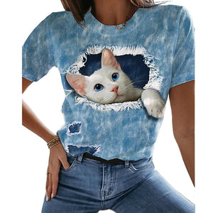 Popular in summer 3D splash ink printing cute cat polyester T-shirt, 2021 casual men&#39;s and women&#39;s interesting round neck clothe