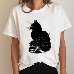 Clothes Ladies Cat Watercolor 90s Fashion Clothing T-shirt Summer Tee Women Graphic T Shirt Short Sleeve Cartoon Female Top