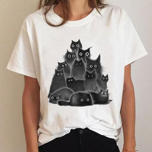 Clothes Ladies Cat Watercolor 90s Fashion Clothing T-shirt Summer Tee Women Graphic T Shirt Short Sleeve Cartoon Female Top