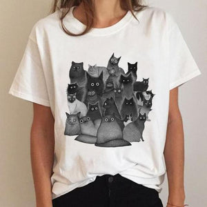 Clothes Ladies Cat Watercolor 90s Fashion Clothing T-shirt Summer Tee Women Graphic T Shirt Short Sleeve Cartoon Female Top
