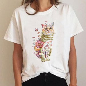 Clothes Ladies Cat Watercolor 90s Fashion Clothing T-shirt Summer Tee Women Graphic T Shirt Short Sleeve Cartoon Female Top