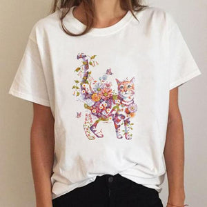 Clothes Ladies Cat Watercolor 90s Fashion Clothing T-shirt Summer Tee Women Graphic T Shirt Short Sleeve Cartoon Female Top