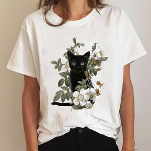 Clothes Ladies Cat Watercolor 90s Fashion Clothing T-shirt Summer Tee Women Graphic T Shirt Short Sleeve Cartoon Female Top
