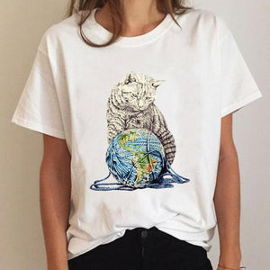 Clothes Ladies Cat Watercolor 90s Fashion Clothing T-shirt Summer Tee Women Graphic T Shirt Short Sleeve Cartoon Female Top