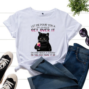 Women Summer T-shirt Casual Short Sleeve Cat Letter Print Female Graphic Fashion Vintage Shirt Ladies Daily Loose O-Neck Tee Top