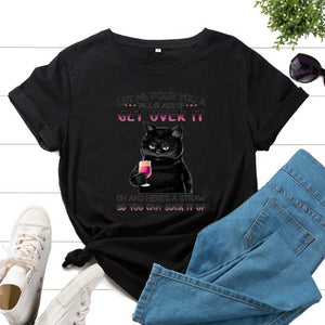 Women Summer T-shirt Casual Short Sleeve Cat Letter Print Female Graphic Fashion Vintage Shirt Ladies Daily Loose O-Neck Tee Top