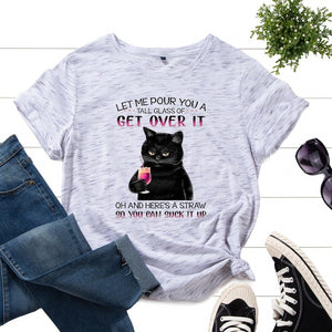 Women Summer T-shirt Casual Short Sleeve Cat Letter Print Female Graphic Fashion Vintage Shirt Ladies Daily Loose O-Neck Tee Top
