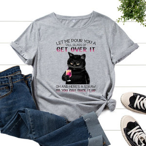 Women Summer T-shirt Casual Short Sleeve Cat Letter Print Female Graphic Fashion Vintage Shirt Ladies Daily Loose O-Neck Tee Top