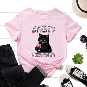 Women Summer T-shirt Casual Short Sleeve Cat Letter Print Female Graphic Fashion Vintage Shirt Ladies Daily Loose O-Neck Tee Top