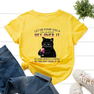 Women Summer T-shirt Casual Short Sleeve Cat Letter Print Female Graphic Fashion Vintage Shirt Ladies Daily Loose O-Neck Tee Top