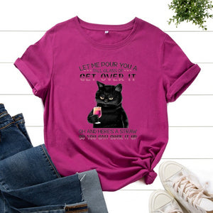 Women Summer T-shirt Casual Short Sleeve Cat Letter Print Female Graphic Fashion Vintage Shirt Ladies Daily Loose O-Neck Tee Top