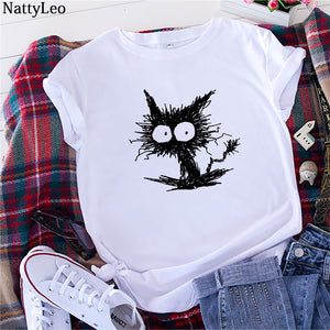 Summer Shirt Women Funny Cat Print T-Shirt 100%Cotton O Neck Short Sleeve Tee Fashion Tshirt Black Woman Tshirts White