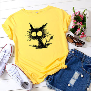 Summer Shirt Women Funny Cat Print T-Shirt 100%Cotton O Neck Short Sleeve Tee Fashion Tshirt Black Woman Tshirts White