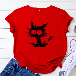 Summer Shirt Women Funny Cat Print T-Shirt 100%Cotton O Neck Short Sleeve Tee Fashion Tshirt Black Woman Tshirts White
