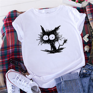 Summer Shirt Women Funny Cat Print T-Shirt 100%Cotton O Neck Short Sleeve Tee Fashion Tshirt Black Woman Tshirts White