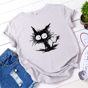 Summer Shirt Women Funny Cat Print T-Shirt 100%Cotton O Neck Short Sleeve Tee Fashion Tshirt Black Woman Tshirts White