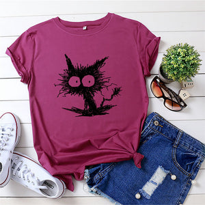 Summer Shirt Women Funny Cat Print T-Shirt 100%Cotton O Neck Short Sleeve Tee Fashion Tshirt Black Woman Tshirts White