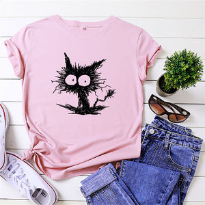Summer Shirt Women Funny Cat Print T-Shirt 100%Cotton O Neck Short Sleeve Tee Fashion Tshirt Black Woman Tshirts White