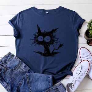 Summer Shirt Women Funny Cat Print T-Shirt 100%Cotton O Neck Short Sleeve Tee Fashion Tshirt Black Woman Tshirts White