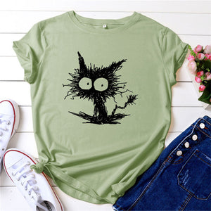 Summer Shirt Women Funny Cat Print T-Shirt 100%Cotton O Neck Short Sleeve Tee Fashion Tshirt Black Woman Tshirts White