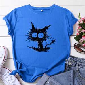 Summer Shirt Women Funny Cat Print T-Shirt 100%Cotton O Neck Short Sleeve Tee Fashion Tshirt Black Woman Tshirts White