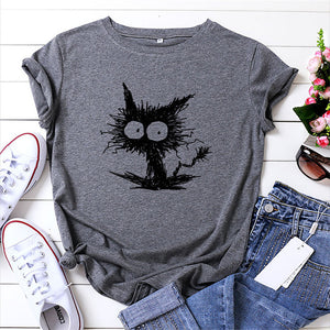 Summer Shirt Women Funny Cat Print T-Shirt 100%Cotton O Neck Short Sleeve Tee Fashion Tshirt Black Woman Tshirts White
