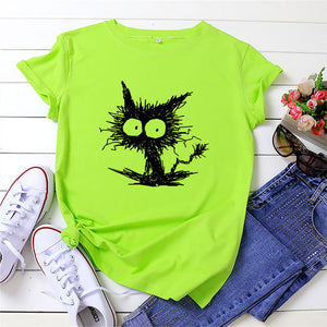 Summer Shirt Women Funny Cat Print T-Shirt 100%Cotton O Neck Short Sleeve Tee Fashion Tshirt Black Woman Tshirts White
