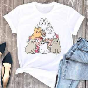 Women Clothes Cat Flower Funny Time Ladies Cartoon Fashion Short Sleeve Summer Print Tshirt Female Tee Top Graphic T-shirt