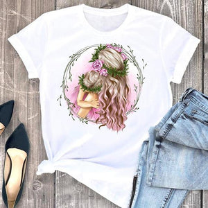 Women Clothes Cat Flower Funny Time Ladies Cartoon Fashion Short Sleeve Summer Print Tshirt Female Tee Top Graphic T-shirt