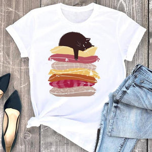 Women Clothes Cat Flower Funny Time Ladies Cartoon Fashion Short Sleeve Summer Print Tshirt Female Tee Top Graphic T-shirt