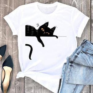 Women Clothes Cat Flower Funny Time Ladies Cartoon Fashion Short Sleeve Summer Print Tshirt Female Tee Top Graphic T-shirt